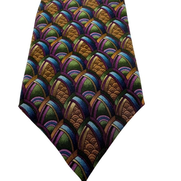 J. Garcia Silk Tie Hand Sewn USA Art Deco Brown Purple Green Blue Vintage - Picture 2 of 8